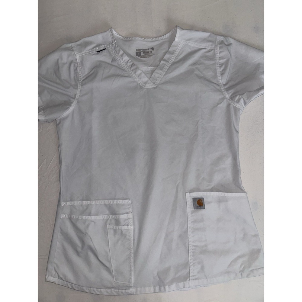 Women's Carhartt Force Modern Fit Scrub Top White Small V Neck Pockets Nurse - Picture 1 of 14